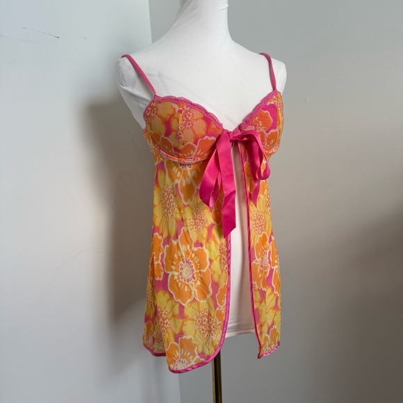 Y2K Floral Sheer Babydoll Top Pink Orange Ribbon Bow Coquette Lingerie M - Picture 2 of 8